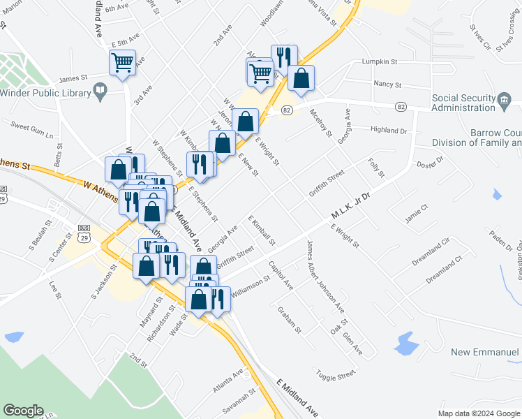 map of restaurants, bars, coffee shops, grocery stores, and more near 193 Georgia Avenue in Winder