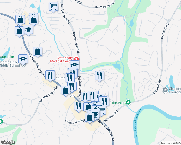 map of restaurants, bars, coffee shops, grocery stores, and more near 8106 Fairview Bluff in Alpharetta