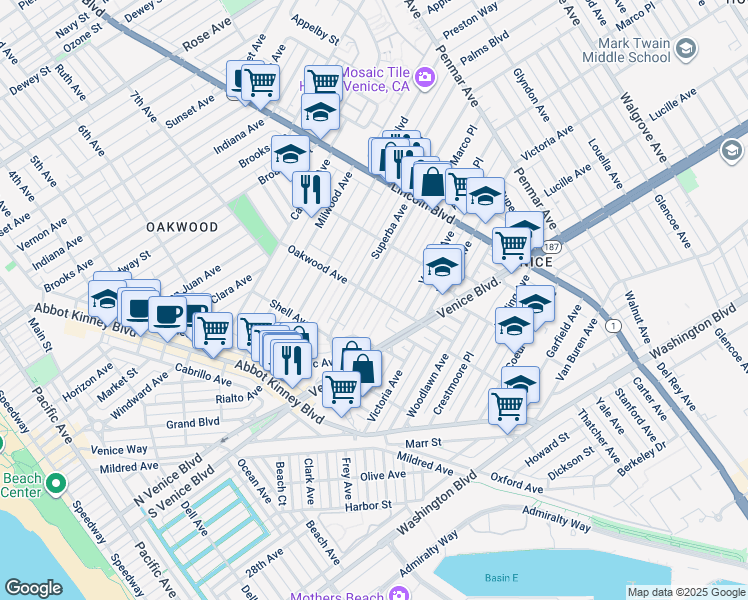 map of restaurants, bars, coffee shops, grocery stores, and more near 754 Marco Place in Los Angeles