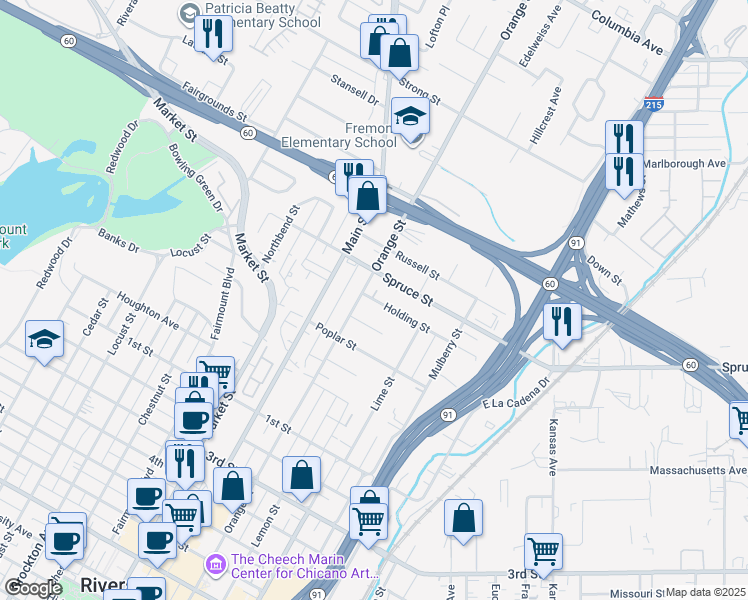 map of restaurants, bars, coffee shops, grocery stores, and more near 3562 Holding Street in Riverside