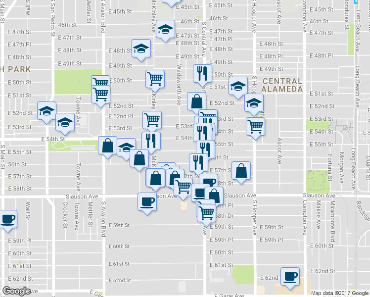 map of restaurants, bars, coffee shops, grocery stores, and more near 995 East 55th Street in Los Angeles