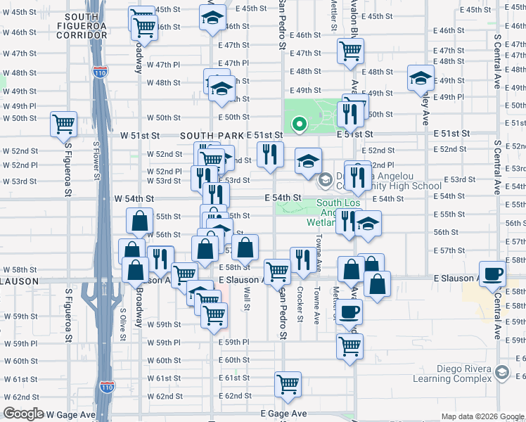 map of restaurants, bars, coffee shops, grocery stores, and more near 227 East 55th Street in Los Angeles