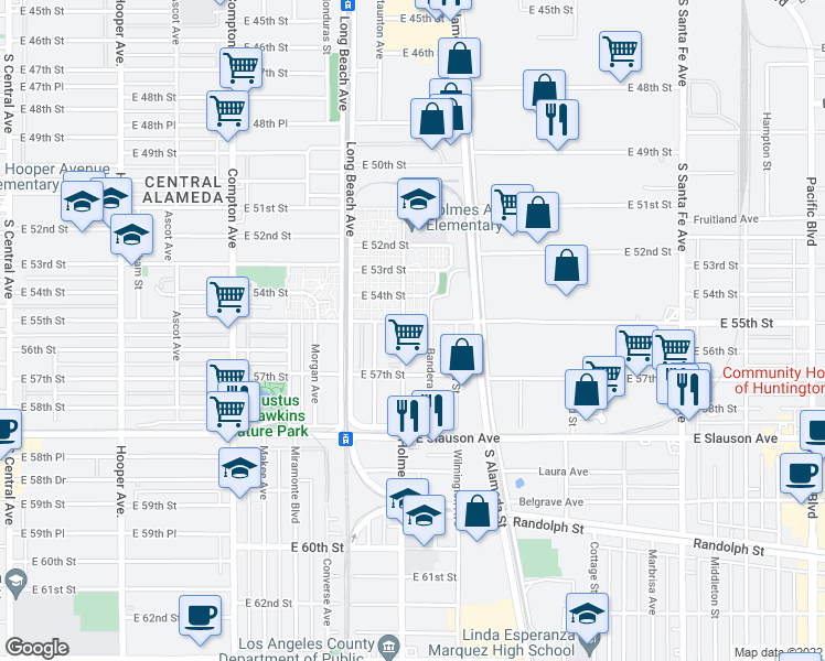 map of restaurants, bars, coffee shops, grocery stores, and more near 5506 Holmes Avenue in Vernon