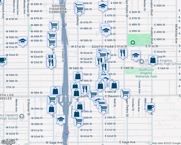 map of restaurants, bars, coffee shops, grocery stores, and more near 204 West 54th Street in Los Angeles