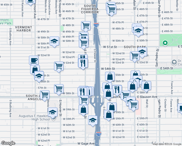map of restaurants, bars, coffee shops, grocery stores, and more near 412 West 54th Street in Los Angeles