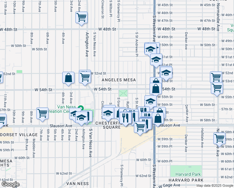 map of restaurants, bars, coffee shops, grocery stores, and more near 2000 West 54th Street in Los Angeles