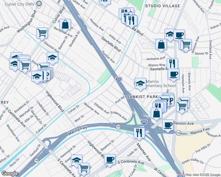 map of restaurants, bars, coffee shops, grocery stores, and more near 11575 McDonald Street in Culver City