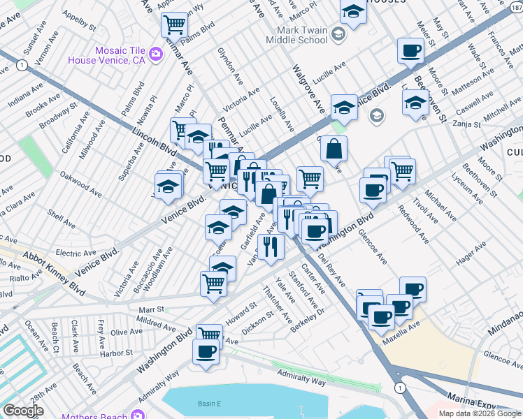 map of restaurants, bars, coffee shops, grocery stores, and more near 2469 Lincoln Boulevard in Los Angeles