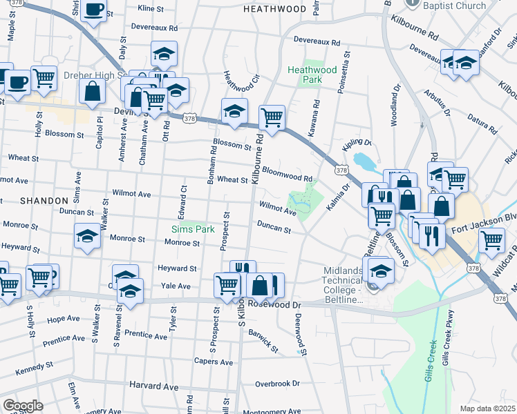 map of restaurants, bars, coffee shops, grocery stores, and more near 3729 S-40-157 in Columbia