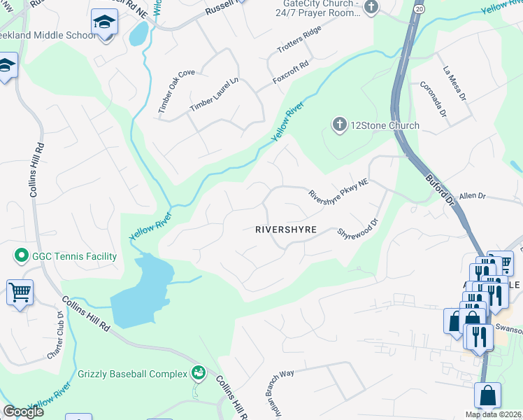 map of restaurants, bars, coffee shops, grocery stores, and more near 1435 Rivershyre Parkway Northeast in Lawrenceville