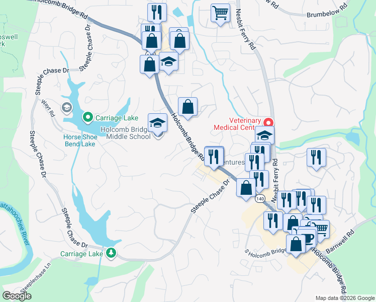 map of restaurants, bars, coffee shops, grocery stores, and more near 2725 Holcomb Springs Drive in Alpharetta