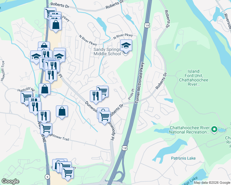 map of restaurants, bars, coffee shops, grocery stores, and more near 1404 Masons Creek Circle in Atlanta