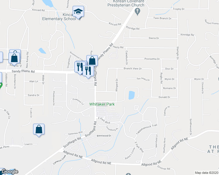 map of restaurants, bars, coffee shops, grocery stores, and more near 2111 Branch View Drive in Marietta