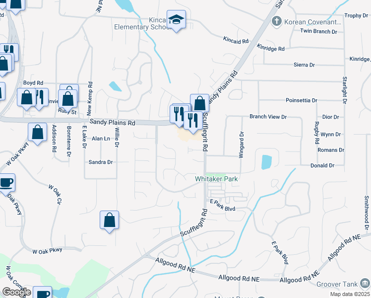 map of restaurants, bars, coffee shops, grocery stores, and more near 1547 Cambridge Place in Marietta