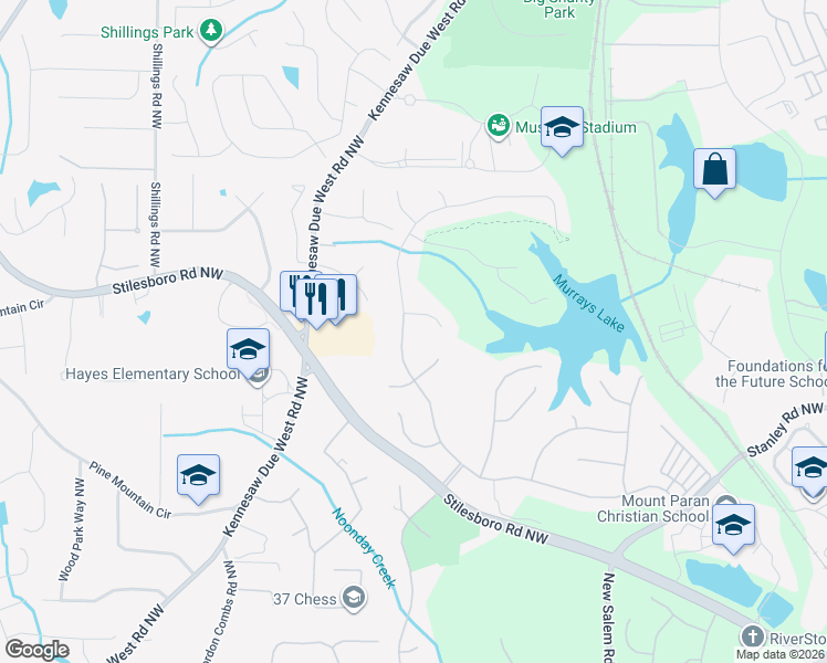 map of restaurants, bars, coffee shops, grocery stores, and more near 2365 Lahinch Court Northwest in Kennesaw