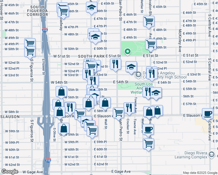 map of restaurants, bars, coffee shops, grocery stores, and more near 154 East 54th Street in Los Angeles