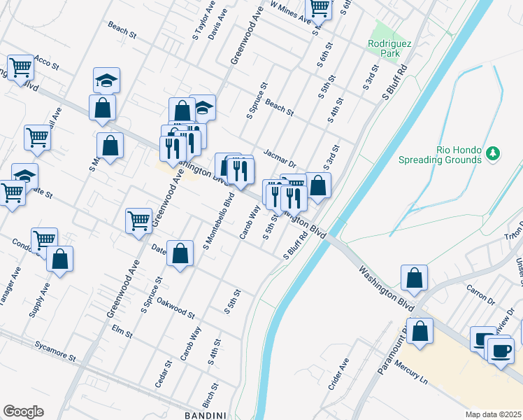 map of restaurants, bars, coffee shops, grocery stores, and more near 525 Washington Boulevard in Montebello