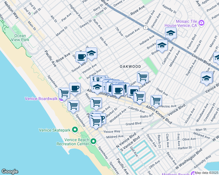 map of restaurants, bars, coffee shops, grocery stores, and more near Westminster Avenue in Los Angeles