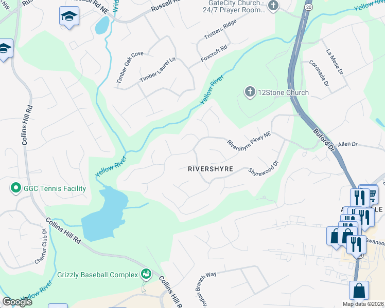 map of restaurants, bars, coffee shops, grocery stores, and more near 1435 Rivershyre Parkway Northeast in Lawrenceville