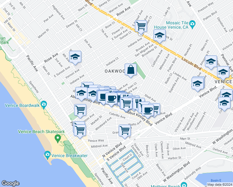 map of restaurants, bars, coffee shops, grocery stores, and more near 550 San Juan Avenue in Los Angeles