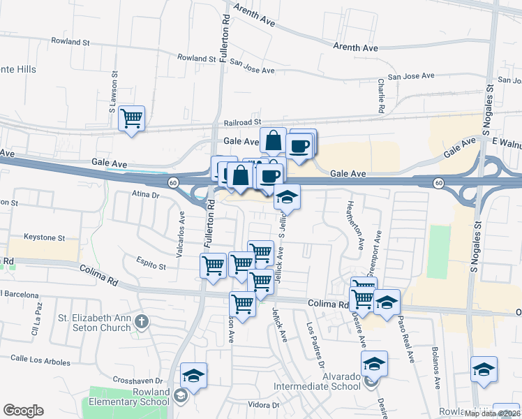 map of restaurants, bars, coffee shops, grocery stores, and more near 18429 Santar Street in Rowland Heights