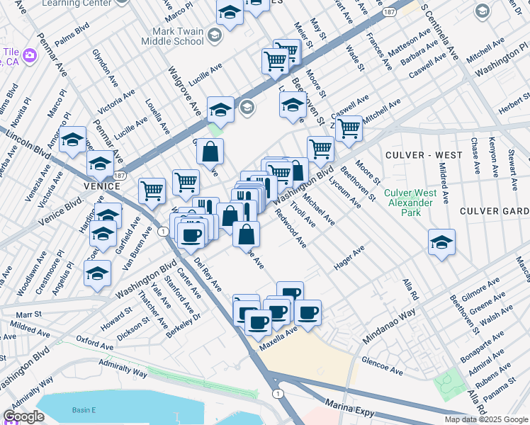 map of restaurants, bars, coffee shops, grocery stores, and more near 13347 Washington Boulevard in Los Angeles