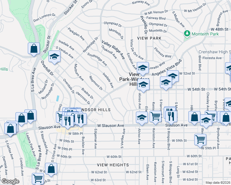 map of restaurants, bars, coffee shops, grocery stores, and more near 5446 Angeles Vista Boulevard in View Park-Windsor Hills