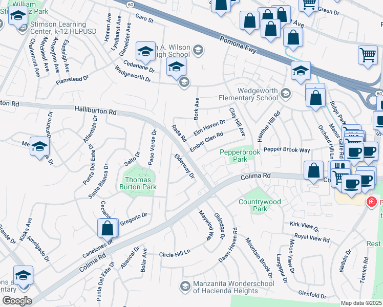 map of restaurants, bars, coffee shops, grocery stores, and more near 16328 Ember Glen Road in Hacienda Heights