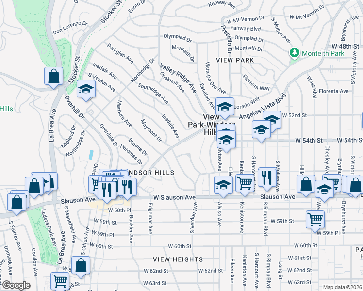 map of restaurants, bars, coffee shops, grocery stores, and more near 5446 Angeles Vista Boulevard in View Park-Windsor Hills