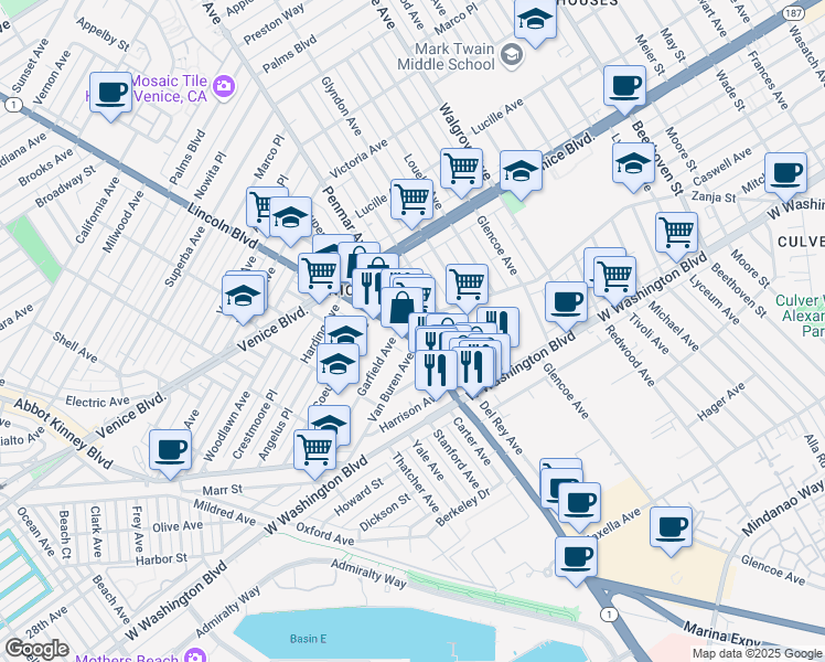 map of restaurants, bars, coffee shops, grocery stores, and more near 13520 Zanja Street in Los Angeles