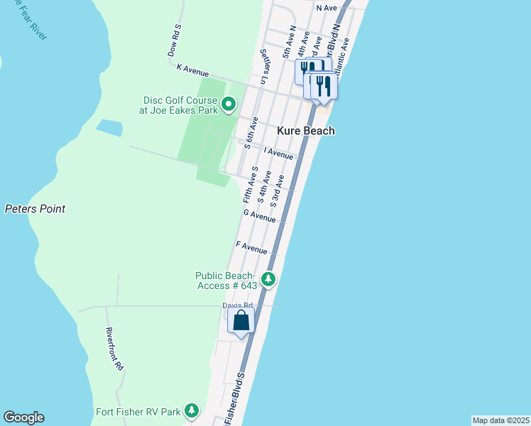map of restaurants, bars, coffee shops, grocery stores, and more near 306 G Avenue in Kure Beach