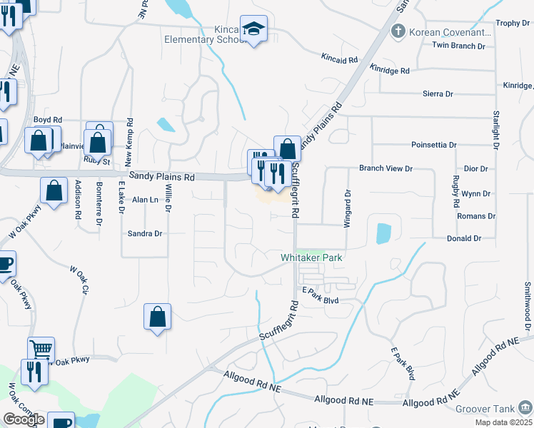 map of restaurants, bars, coffee shops, grocery stores, and more near 1547 Cambridge Place in Marietta