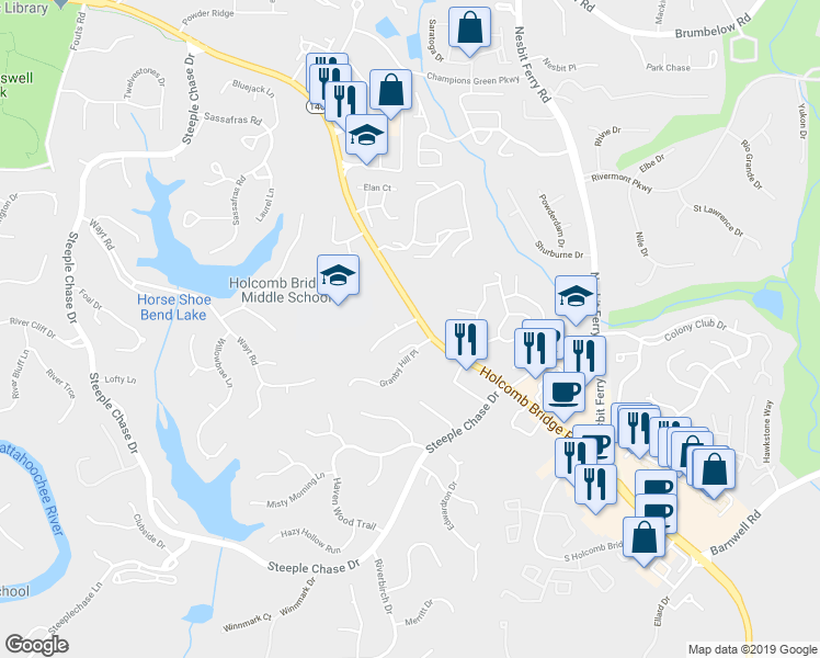 map of restaurants, bars, coffee shops, grocery stores, and more near 2725 Holcomb Springs Drive in Alpharetta