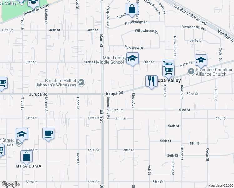 map of restaurants, bars, coffee shops, grocery stores, and more near 5947 Helmcrest Drive in Riverside