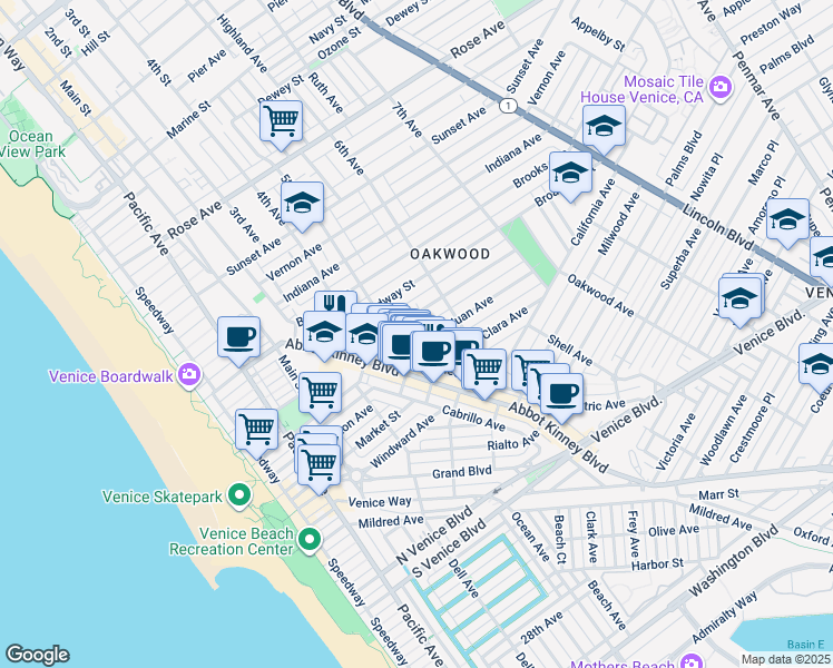 map of restaurants, bars, coffee shops, grocery stores, and more near 513 San Juan Avenue in Los Angeles