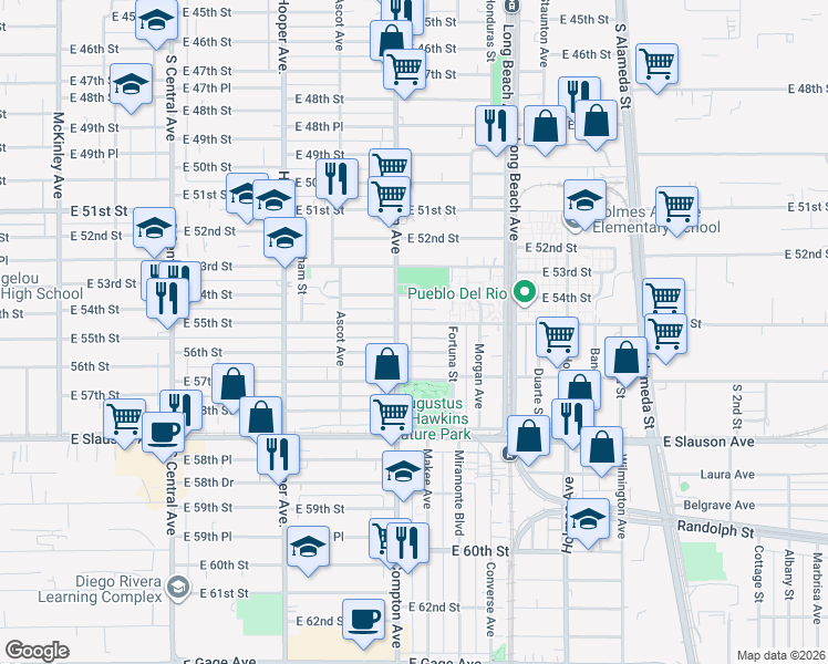 map of restaurants, bars, coffee shops, grocery stores, and more near 1533 East 55th Street in Los Angeles
