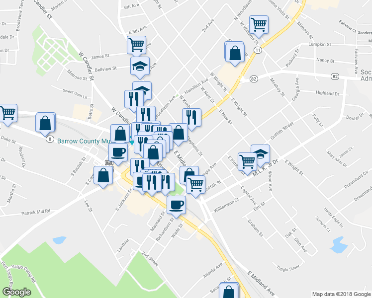 map of restaurants, bars, coffee shops, grocery stores, and more near 116 Park Avenue in Winder