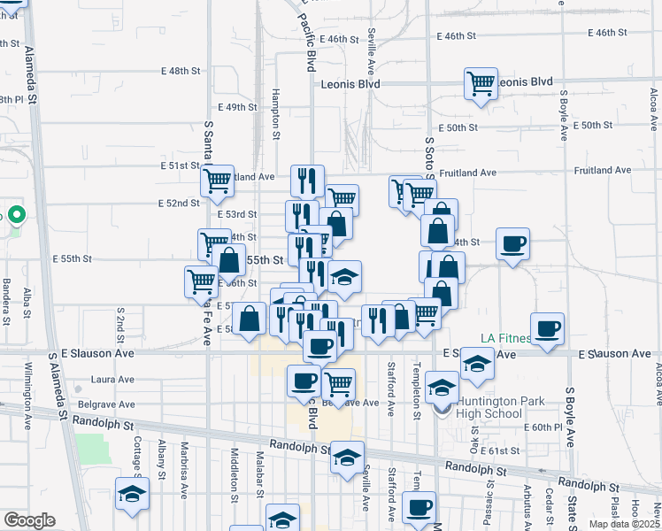 map of restaurants, bars, coffee shops, grocery stores, and more near 2631 East 55th Street in Huntington Park