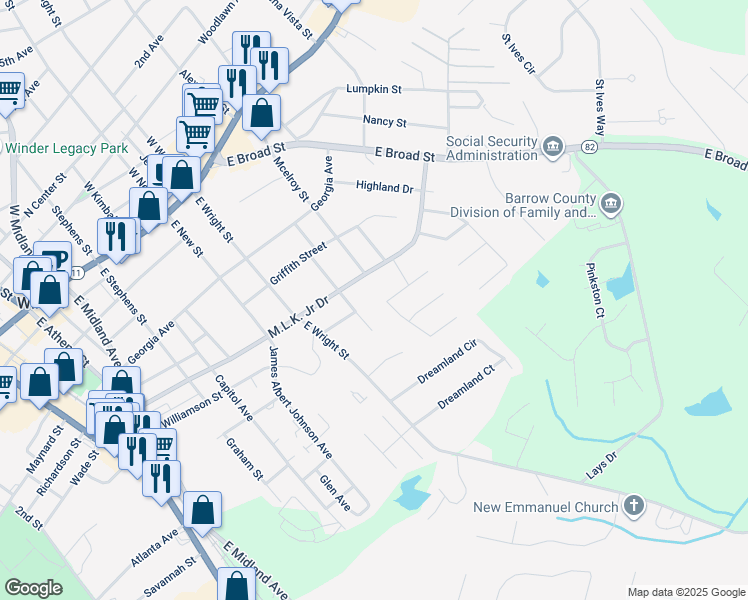 map of restaurants, bars, coffee shops, grocery stores, and more near 321 Mary Alice Drive in Winder