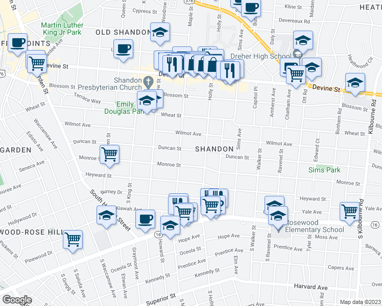 map of restaurants, bars, coffee shops, grocery stores, and more near 2816 Duncan Street in Columbia