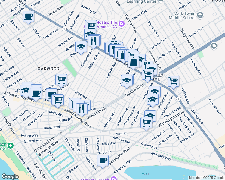 map of restaurants, bars, coffee shops, grocery stores, and more near 810 Amoroso Place in Los Angeles