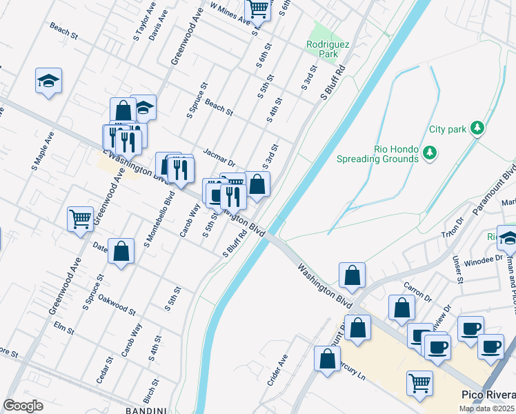 map of restaurants, bars, coffee shops, grocery stores, and more near 955 South Bluff Road in Montebello
