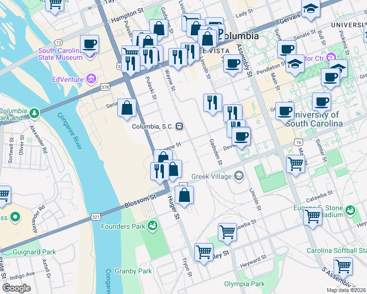 map of restaurants, bars, coffee shops, grocery stores, and more near 708 Pulaski Street in Columbia