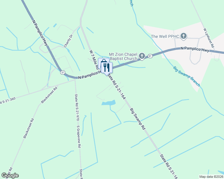 map of restaurants, bars, coffee shops, grocery stores, and more near 215 Big Swamp Road in Pamplico