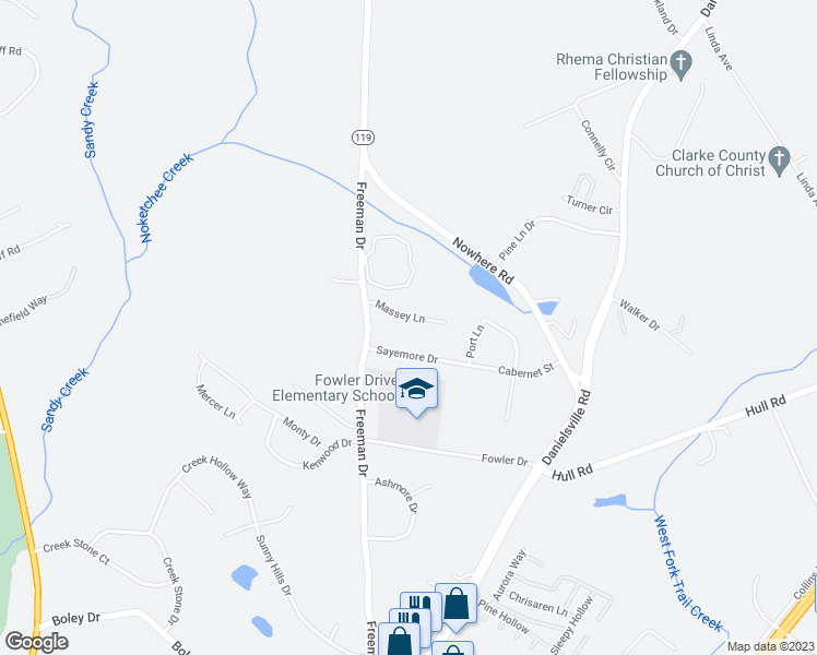 map of restaurants, bars, coffee shops, grocery stores, and more near 124 Massey Lane in Athens