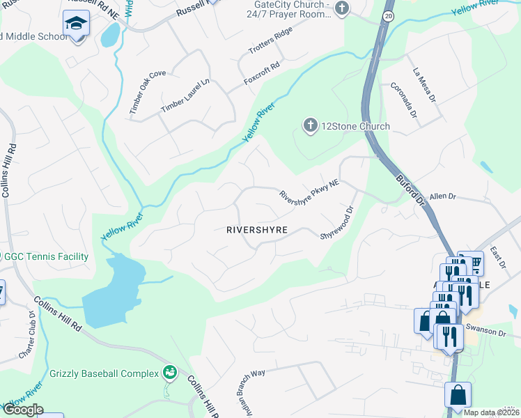 map of restaurants, bars, coffee shops, grocery stores, and more near 1268 Tiverton Place Northeast in Lawrenceville