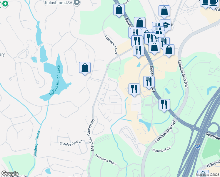 map of restaurants, bars, coffee shops, grocery stores, and more near 2605 Meadow Church Road in Duluth