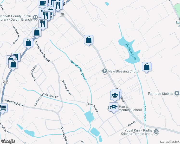 map of restaurants, bars, coffee shops, grocery stores, and more near 327 Wyesham Circle in Duluth