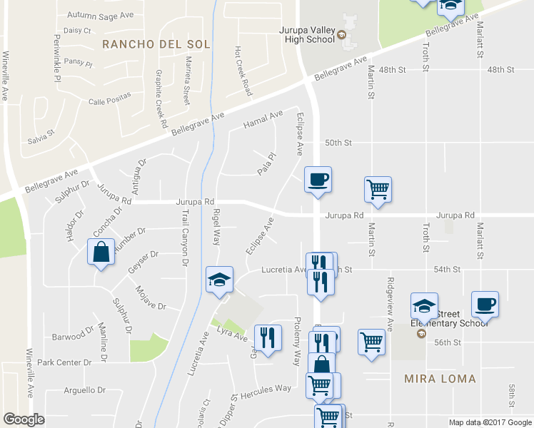 map of restaurants, bars, coffee shops, grocery stores, and more near 5209 Eclipse Avenue in Jurupa Valley
