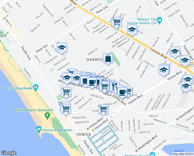 map of restaurants, bars, coffee shops, grocery stores, and more near 558 San Juan Avenue in Los Angeles
